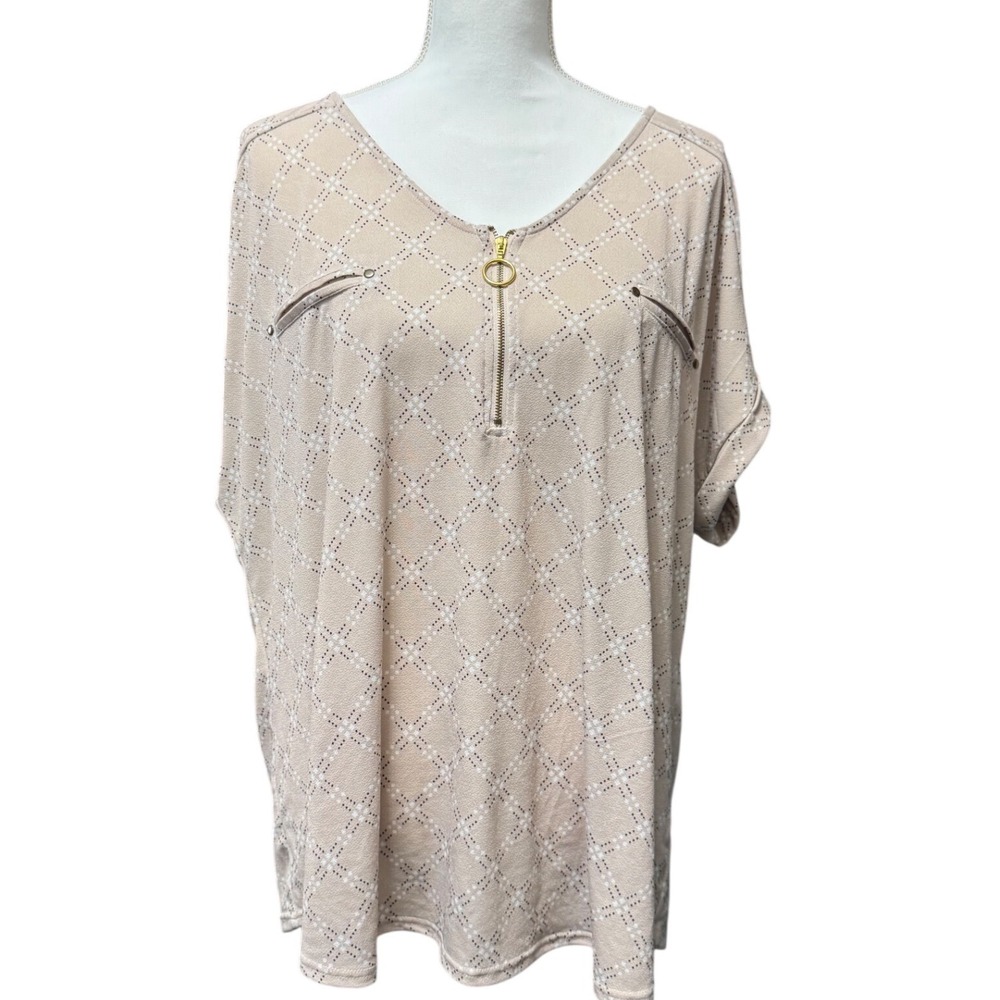 Flower‎ & Feather 3XL Beige Plaid Zip Neck Long Sleeve Top